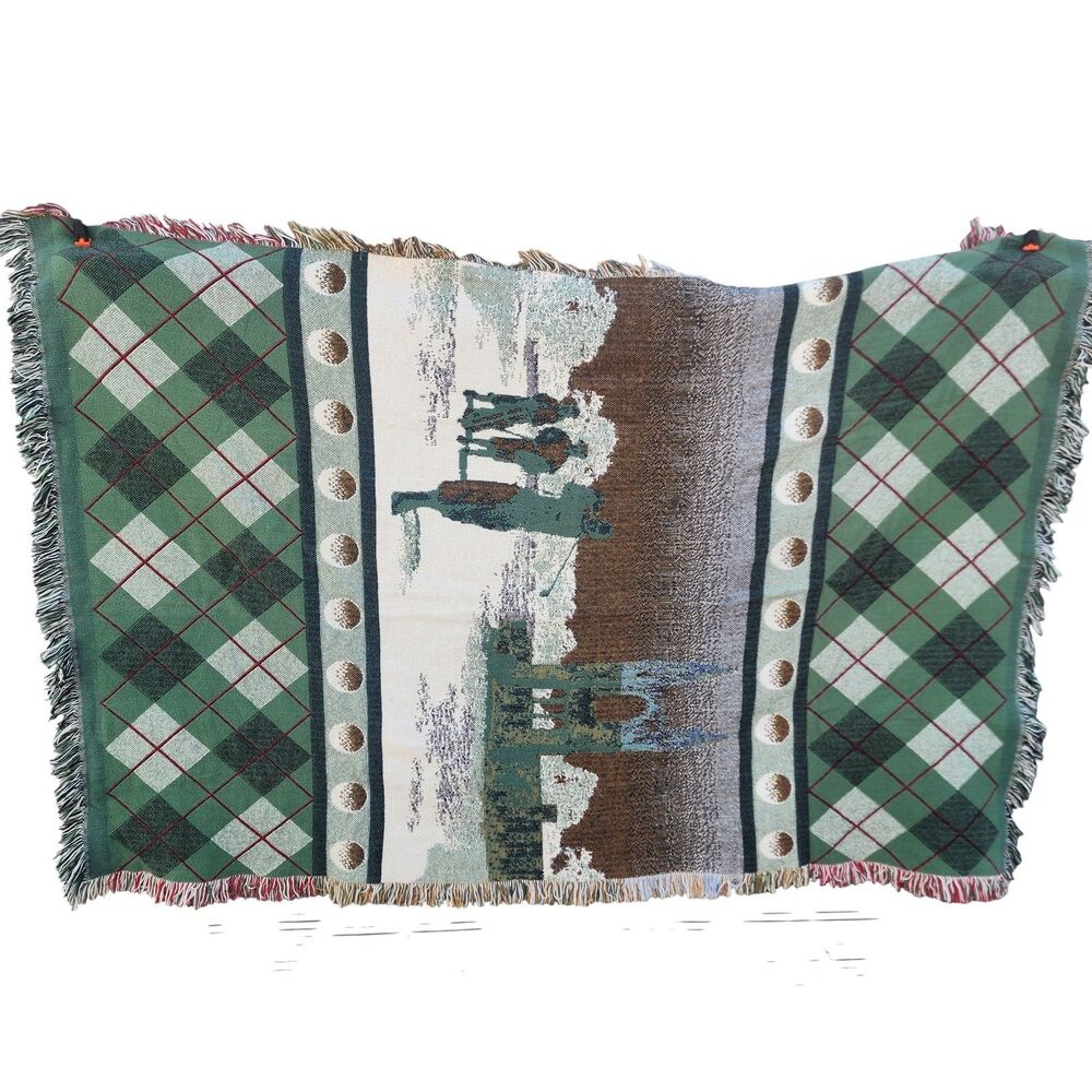 Vintage Golf Tapestry Throw Blanket 67x45 Argyle Fringe Woven Scenic